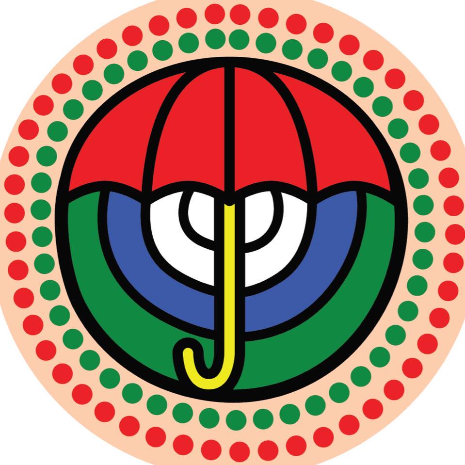 Decolonise Sex Work AU logo. Red umbrella over various green blue and white circles. A peach circle covered in red and green dots surrounds the image.