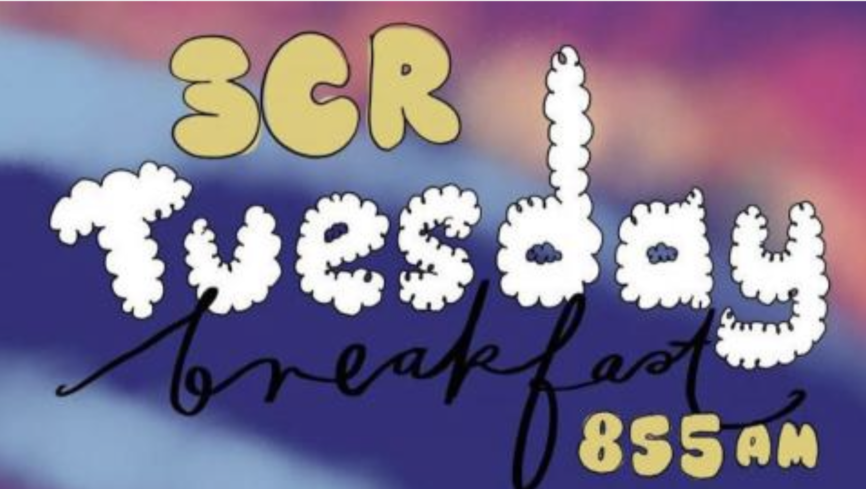 3CR Tuesday Breakfast Radio image. The background is colourful, with the text
