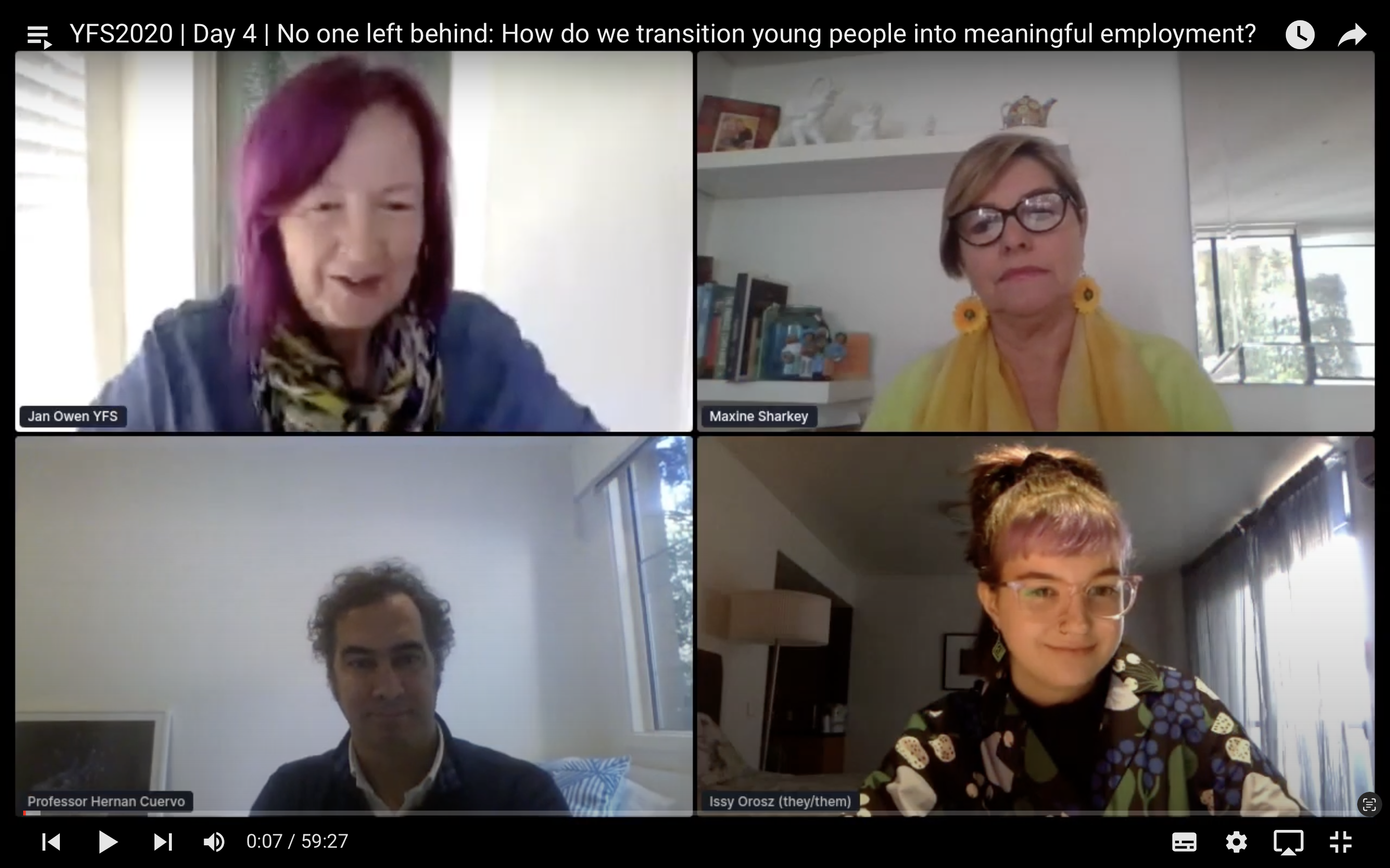 Screenshot of YouTube video which contains a Zoom recording with 4 squares of people/faces on it.