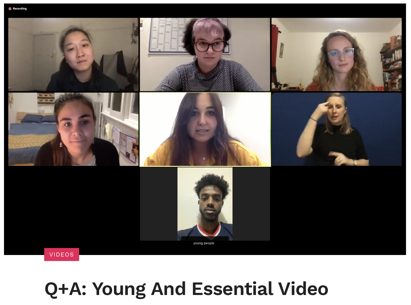 Screenshot of webpage which contains a photo of a Zoom screen with 6 young people and one Auslan interpreter on it. There is a red box that has the word